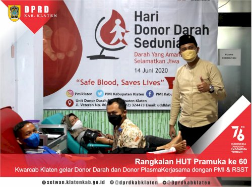 Kegiatan Donor Darah dan Donor Plasma dalam rangka HUT Pramuka ke 60 Kwarcab Klaten, kerjasama dengan PMI dan RSST, Kamis pagi (12/8) di RS Tegalyoso, Klaten, Jawa Tengah