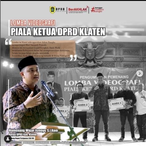 Pengumuman Pemenang Lomba Videografi Piala Ketua DPRD Kab. Klaten dengan tema Pesona Kearifal Lokal Kab. Klaten yang diselenggarakan dalam Rangka memperingati Hari Sumpah Pemuda ke-94, Minggu sore (30/10) di Gedung Rapat Paripurna.  #dprdklaten #lombavideografi #pialaketuadprdklaten