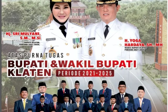 Dewan Perwakilan Rakyat Daerah (DPRD) Kabupaten Klaten mengucapkan terima kasih dan penghargaan setinggi-tingginya kepada Bupati Klaten, Hj. Sri Mulyani, S. M., M. Si dan Wakil Bupati Klaten, H. Yoga Hardaya, S. H., M. H. atas dedikasi, pengabdian, dan kerja keras yang telah diberikan dalam memimpin Kabupaten Klaten.