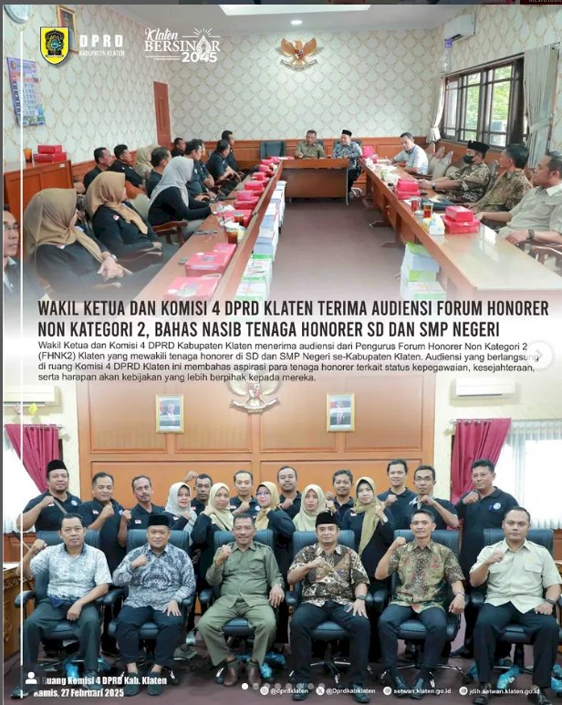 Wakil Ketua DPRD Klaten, Widada, S.H., M.H dan Komisi 4 DPRD Kabupaten Klaten menerima audiensi dari Pengurus Forum Honorer Non Kategori 2 (FHNK2) Klaten yang mewakili tenaga honorer di SD dan SMP Negeri se-Kabupaten Klaten.