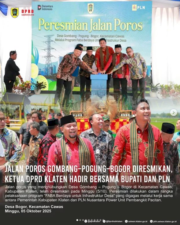 Jalan poros yang menghubungkan Desa Gombang – Pogung – Bogor di Kecamatan Cawas, Kabupaten Klaten, telah diresmikan pada Minggu (5/10).