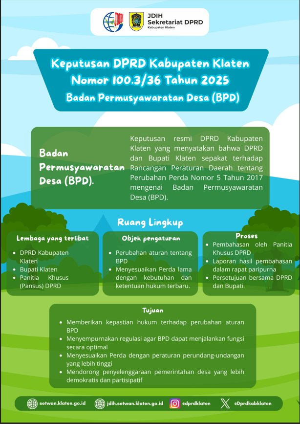 INFOGRAFIS RANCANGAN PERATURAN DAERAH KABUPATEN KLATEN TENTANG PERUBAHAN ATAS PERATURAN DAERAH NOMOR 5 TAHUN 2017 TENTANG BADAN PERMUSYAWARATAN DESA